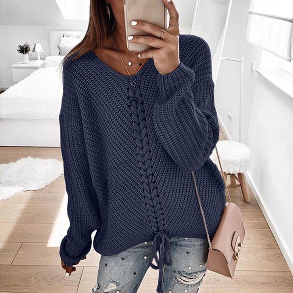 Women V-neck Loose Knitting Sweaters-STYLEGOING