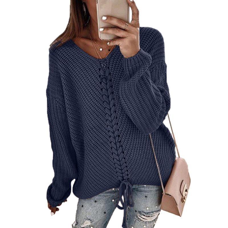 Women V-neck Loose Knitting Sweaters-STYLEGOING