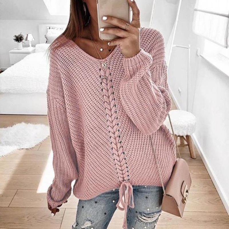 Women V-neck Loose Knitting Sweaters-STYLEGOING