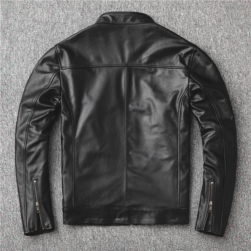 Fashion Cowhide Leather Stand Collar Short Jackets for Men