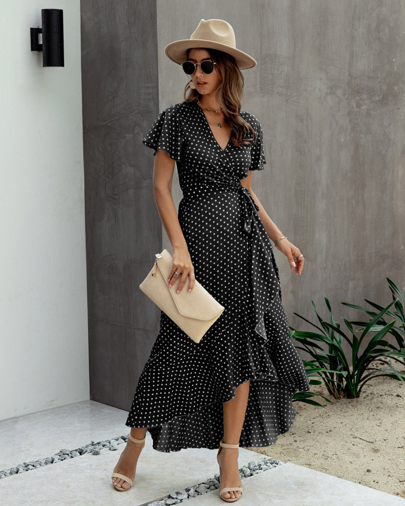 Summer Casual Dot Print Ruffled Short Sleeves Long Dresses