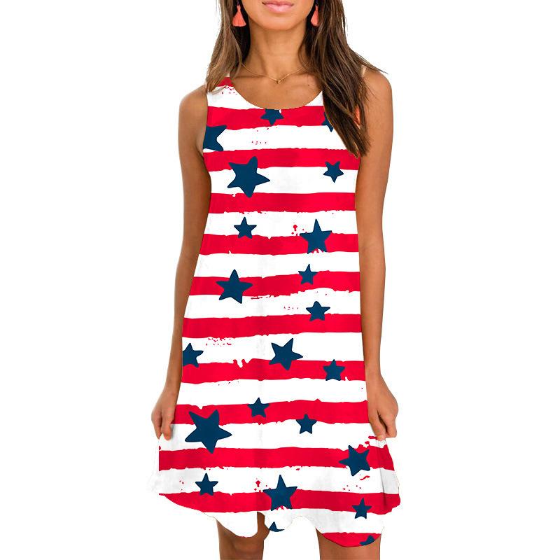 Summer Round Neck Sleeveless Flag Design Short Dresses-STYLEGOING