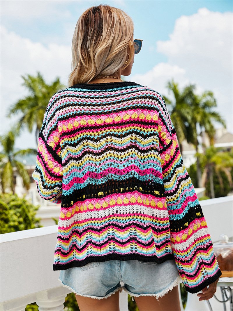 Women Knitting Rainbow Fall Sweaters-STYLEGOING