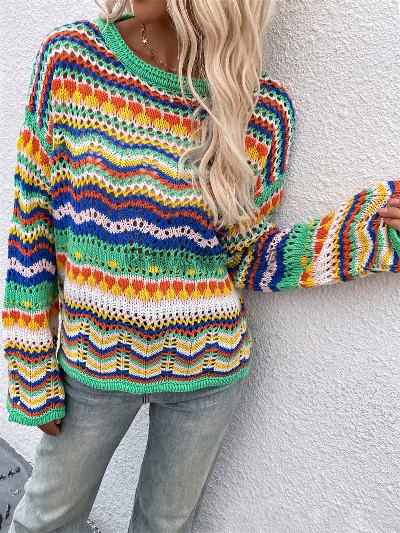 Women Knitting Rainbow Fall Sweaters-STYLEGOING