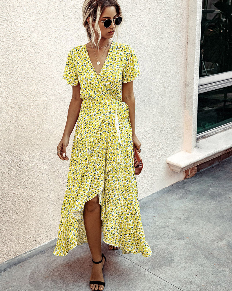 Summer Casual Dot Print Ruffled Short Sleeves Long Dresses