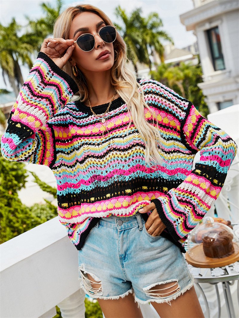 Women Knitting Rainbow Fall Sweaters-STYLEGOING