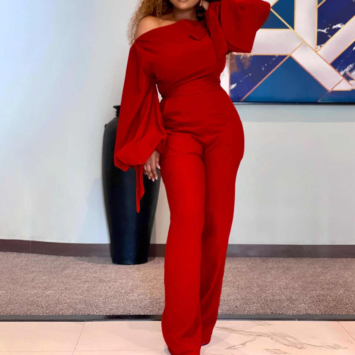 Sexy One Shoulder High Waist Plus Sizes Wide Legs Jumpsuits