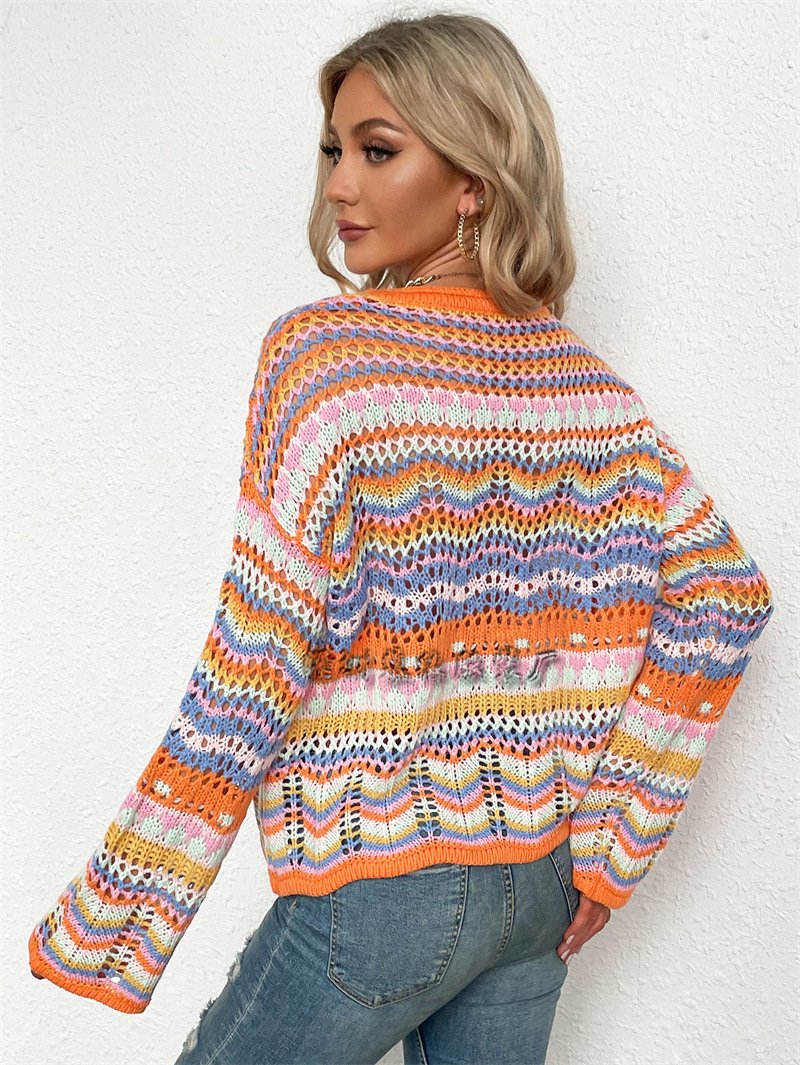 Women Knitting Rainbow Fall Sweaters-STYLEGOING