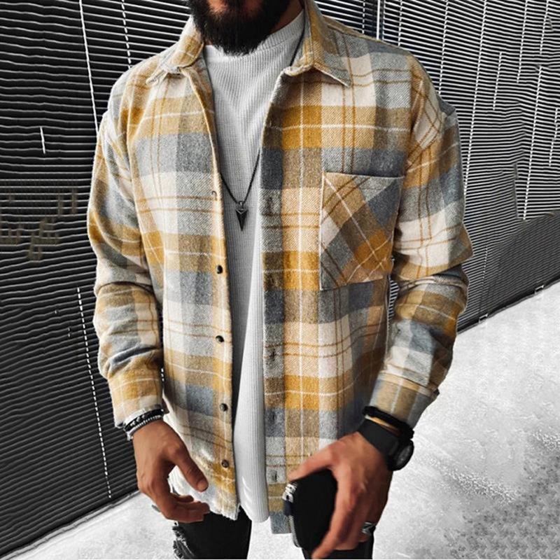 Casual Men Long Sleeves Fall Plaid Shirts-STYLEGOING