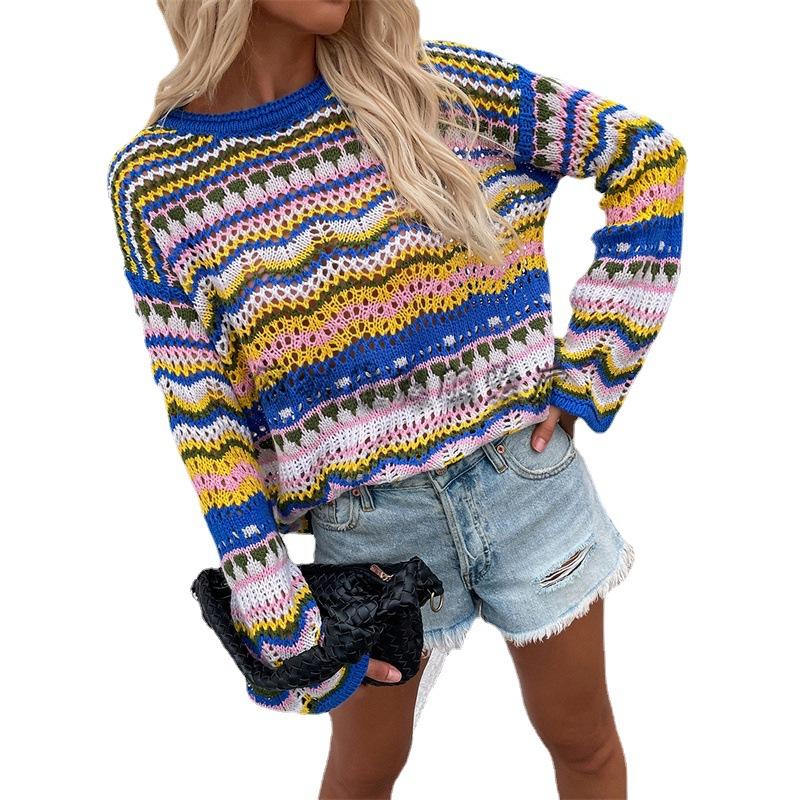 Women Knitting Rainbow Fall Sweaters-STYLEGOING