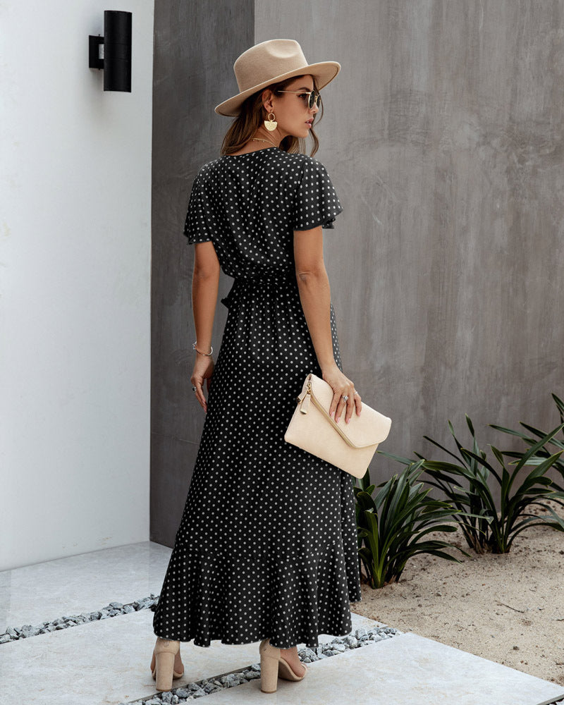 Summer Casual Dot Print Ruffled Short Sleeves Long Dresses