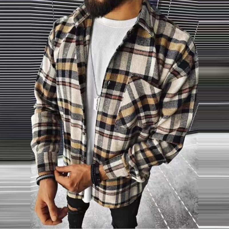 Casual Men Long Sleeves Fall Plaid Shirts-STYLEGOING