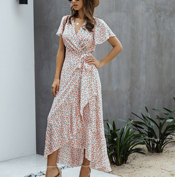 Summer Casual Dot Print Ruffled Short Sleeves Long Dresses