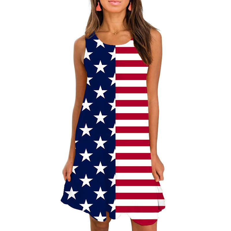 Summer Round Neck Sleeveless Flag Design Short Dresses-STYLEGOING