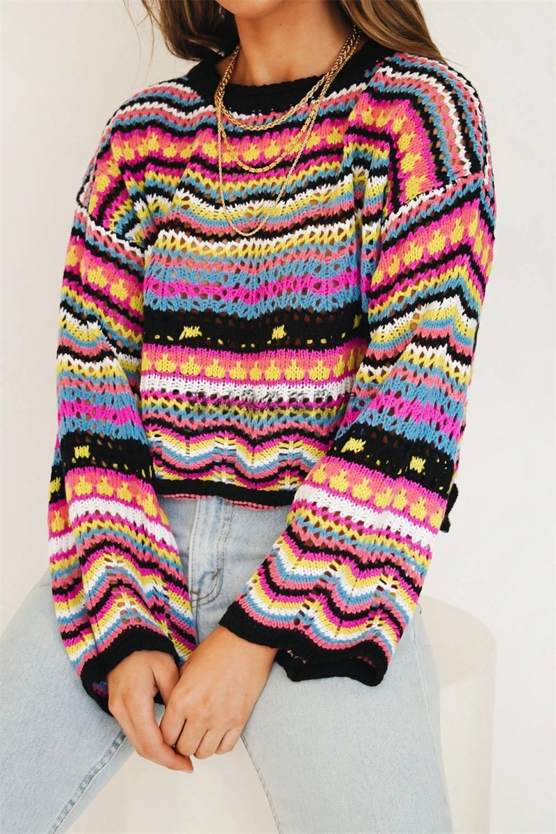 Women Knitting Rainbow Fall Sweaters-STYLEGOING