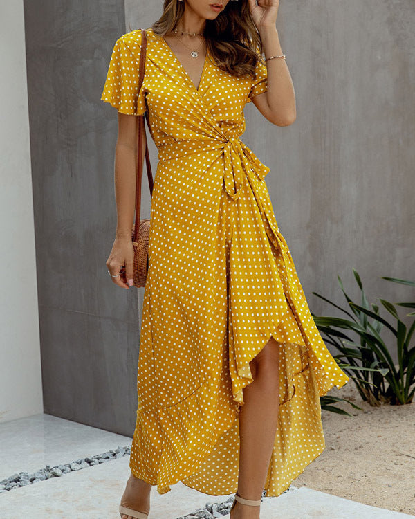 Summer Casual Dot Print Ruffled Short Sleeves Long Dresses