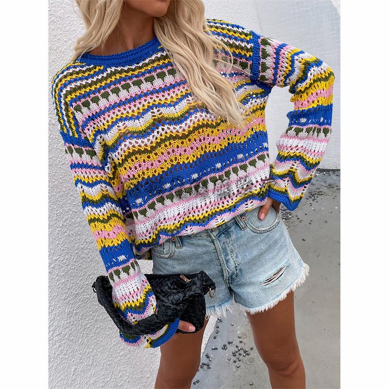 Women Knitting Rainbow Fall Sweaters-STYLEGOING