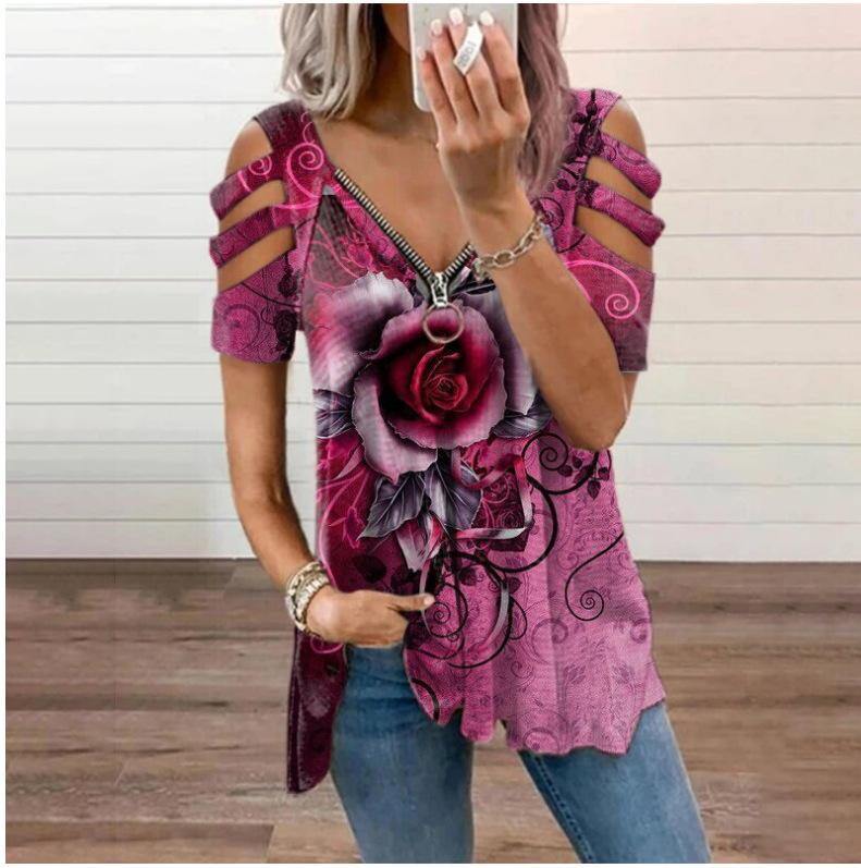 Fashion Zipper V Neck Short Sleeve T Shirts-STYLEGOING