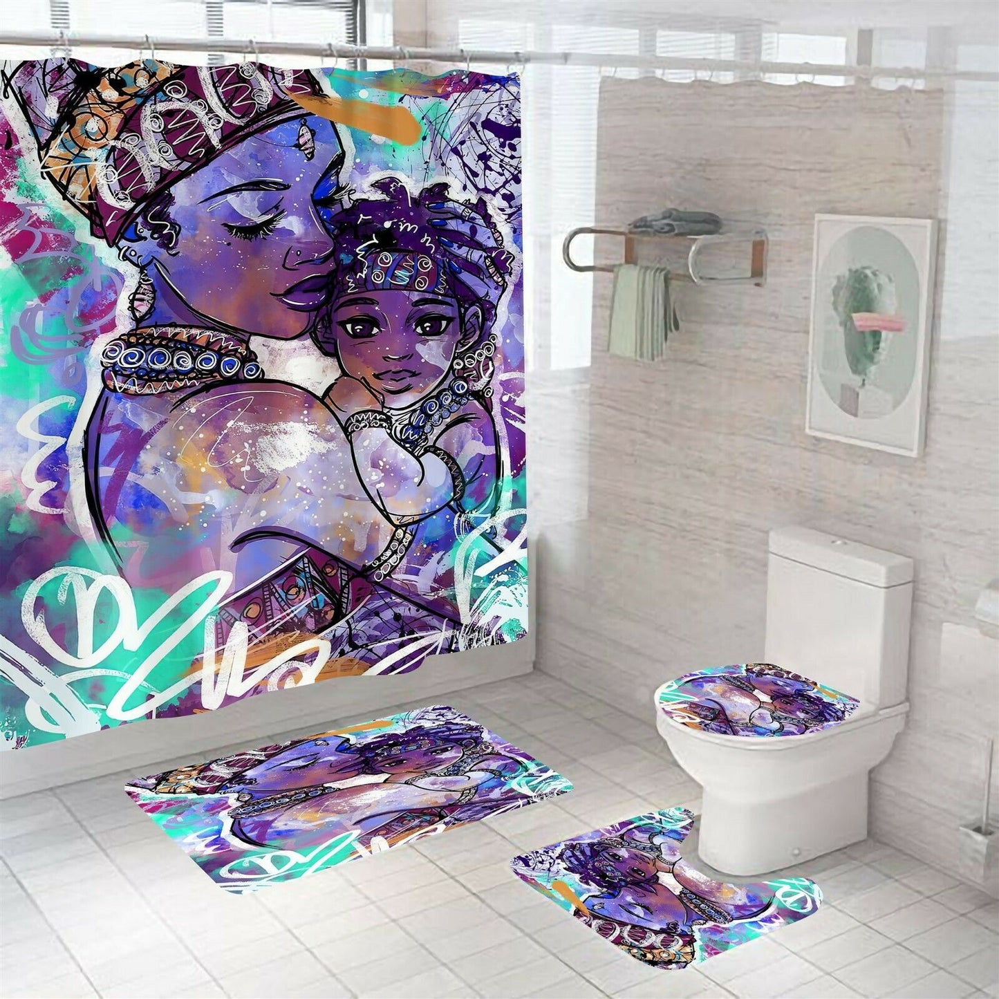 African Woman Shower Curtain Bathroom Rug Set Bath Mat Non-Slip Toilet Lid Cover-Shower Curtain+3Pcs Mat-Free Shipping at meselling99