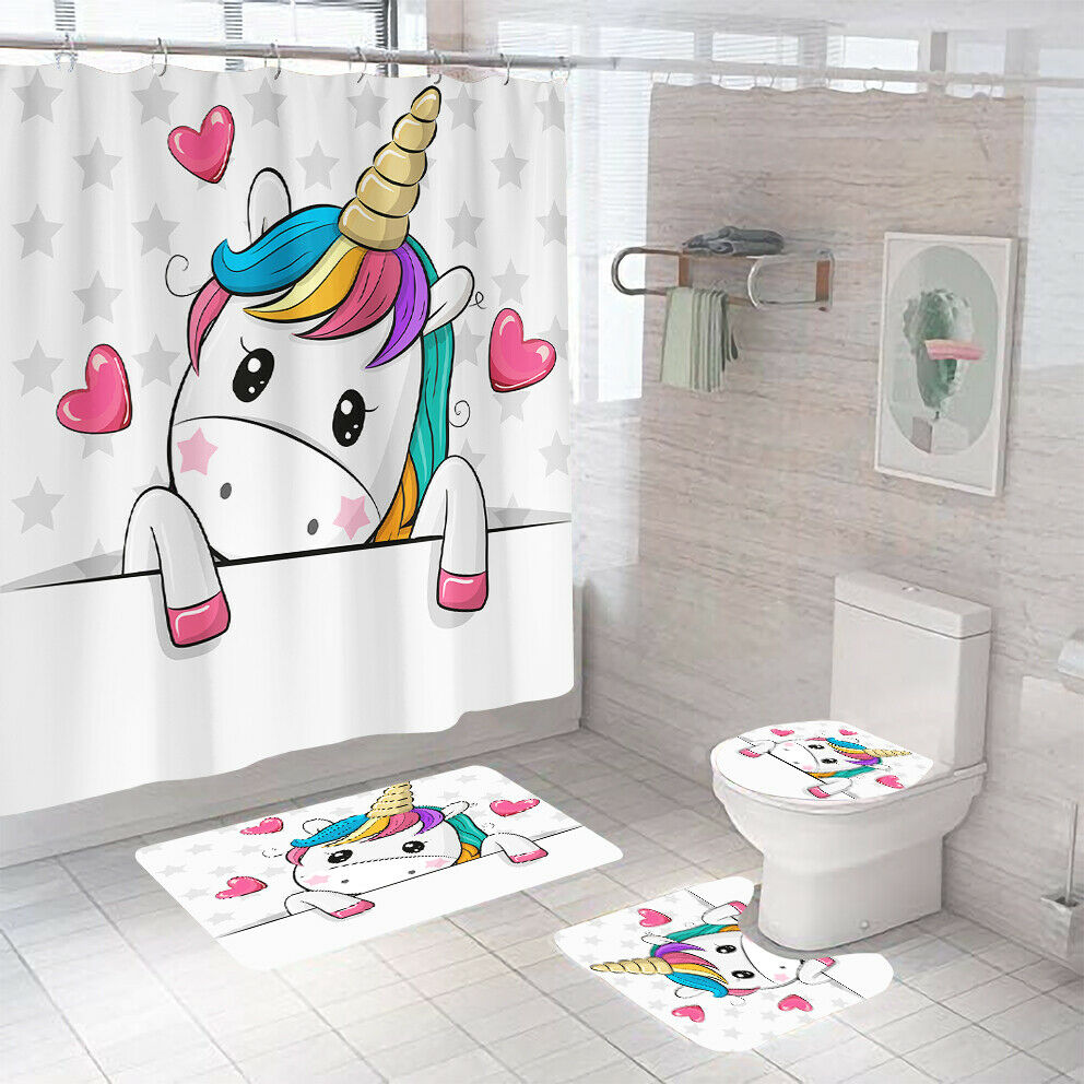 Unicorn Shower Curtain Bathroom Rug Set Thick Bath Mat Non-Slip Toilet Lid Cover-Shower Curtain+3Pcs Mat-Free Shipping at meselling99