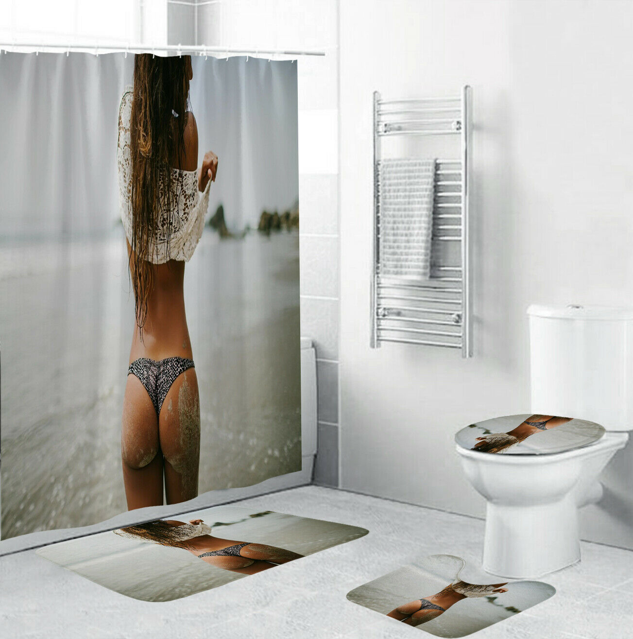 Sexy Woman Shower Curtain Bathroom Rug Set Bath Mat Non-Slip Toilet Lid Cover-4Pcs(180*180cm Curtain+3Pcs Mat)-Free Shipping at meselling99