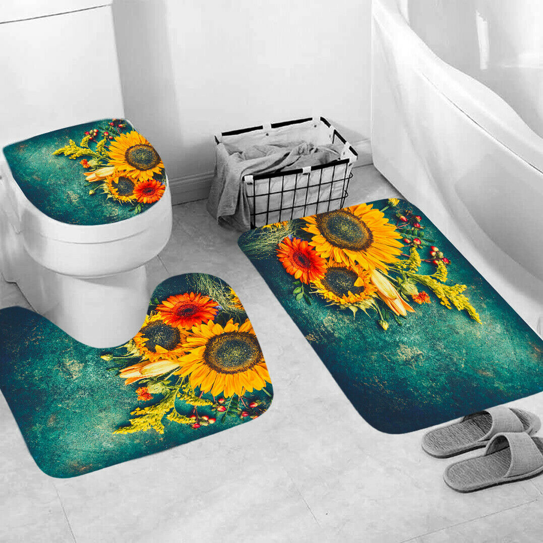 Sunflowers Shower Curtain Bathroom Rug Set Bath Mat Non-Slip Toilet Lid Cover--Free Shipping at meselling99