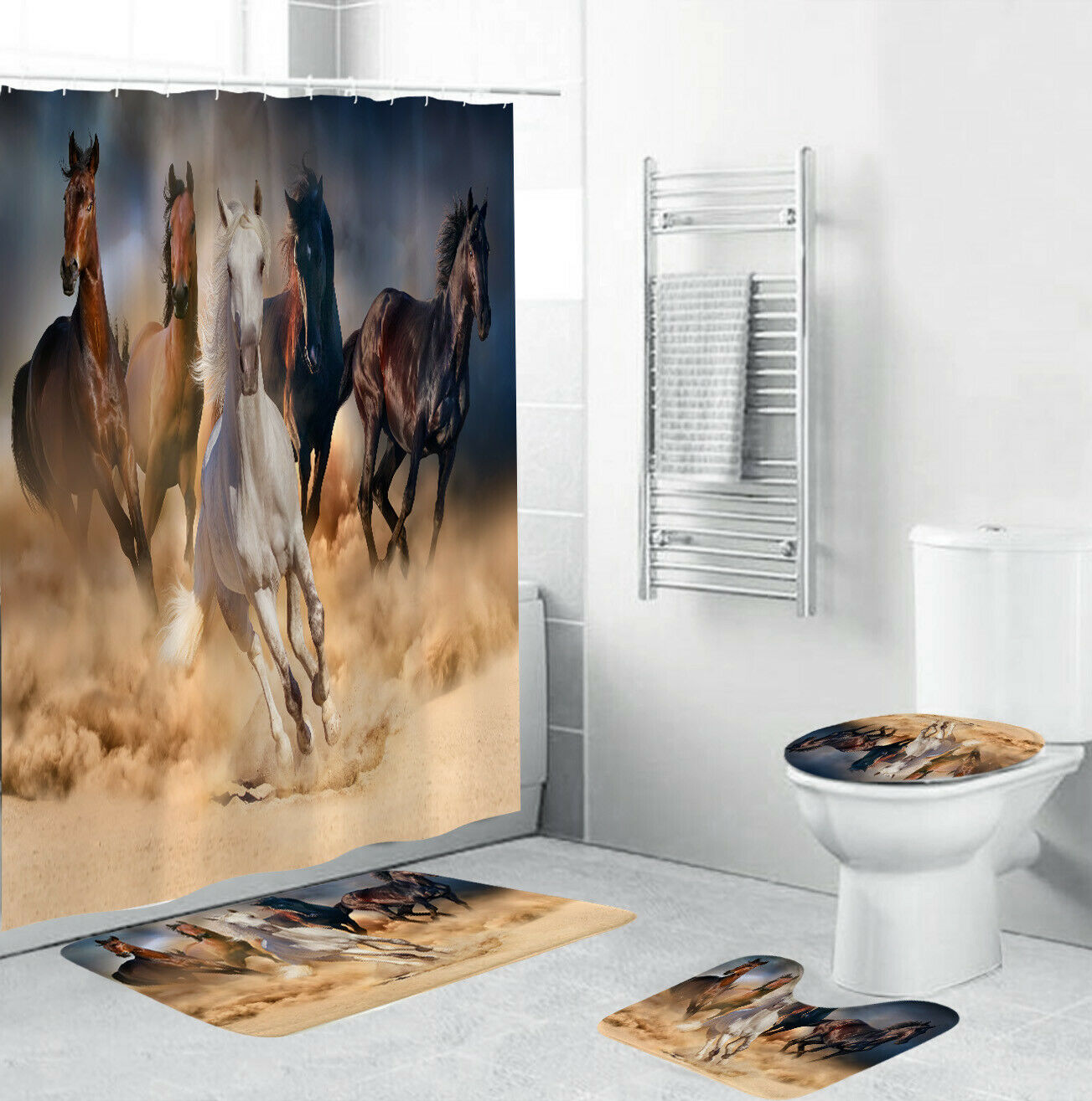 Galloping Steed Shower Curtain Bathroom Rug Set Thick Bath Mat Toilet Lid Cover-4Pcs(180*180cm Curtain+3Pcs Mat)-Free Shipping at meselling99
