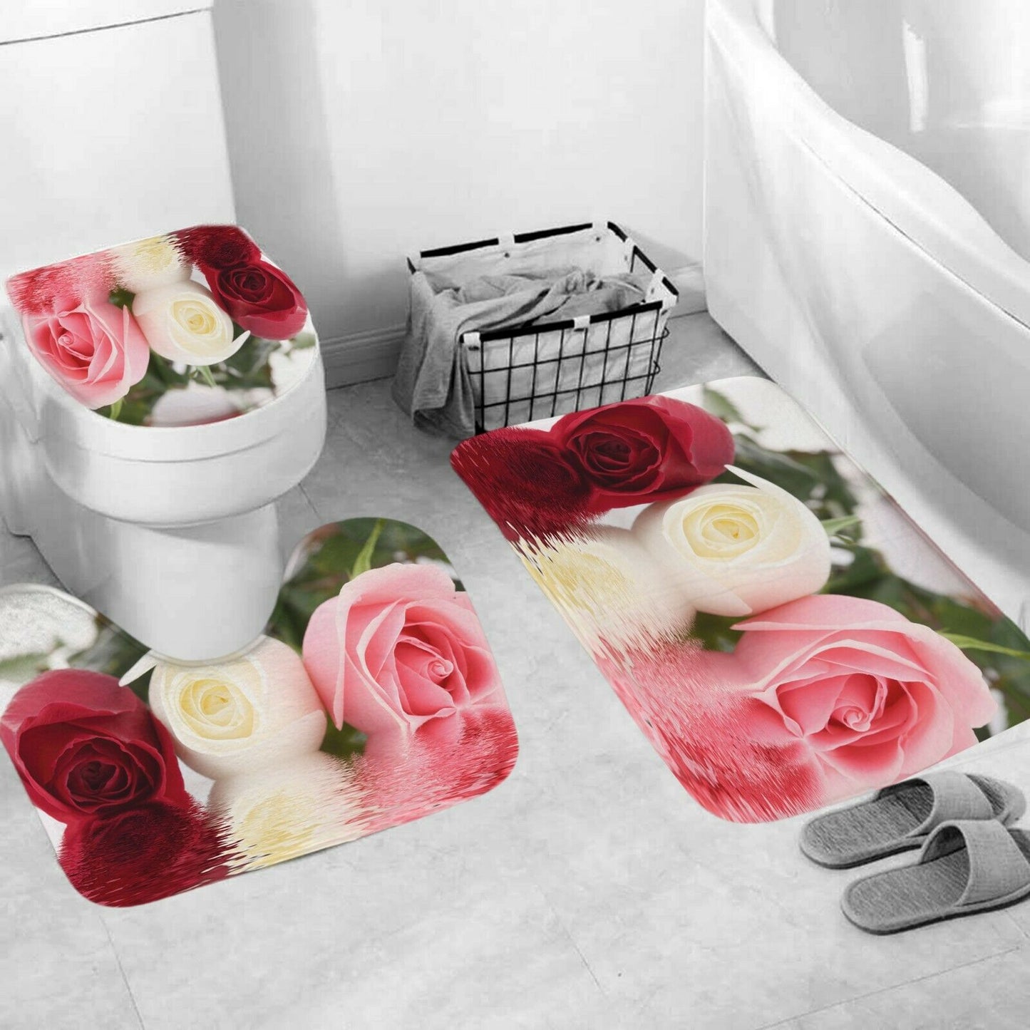 Three Roses Shower Curtain Bathroom Rug Set Bath Mat Non-Slip Toilet Lid Cover--Free Shipping at meselling99