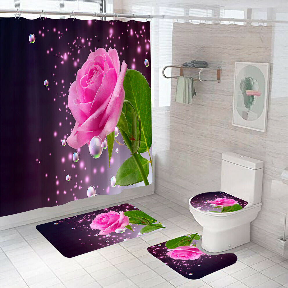 Pink Rose Shower Curtain Bathroom Rug Set Thick Bath Mat Non-Slip Toilet Lid Cover-Shower Curtain+3Pcs Mat-Free Shipping at meselling99