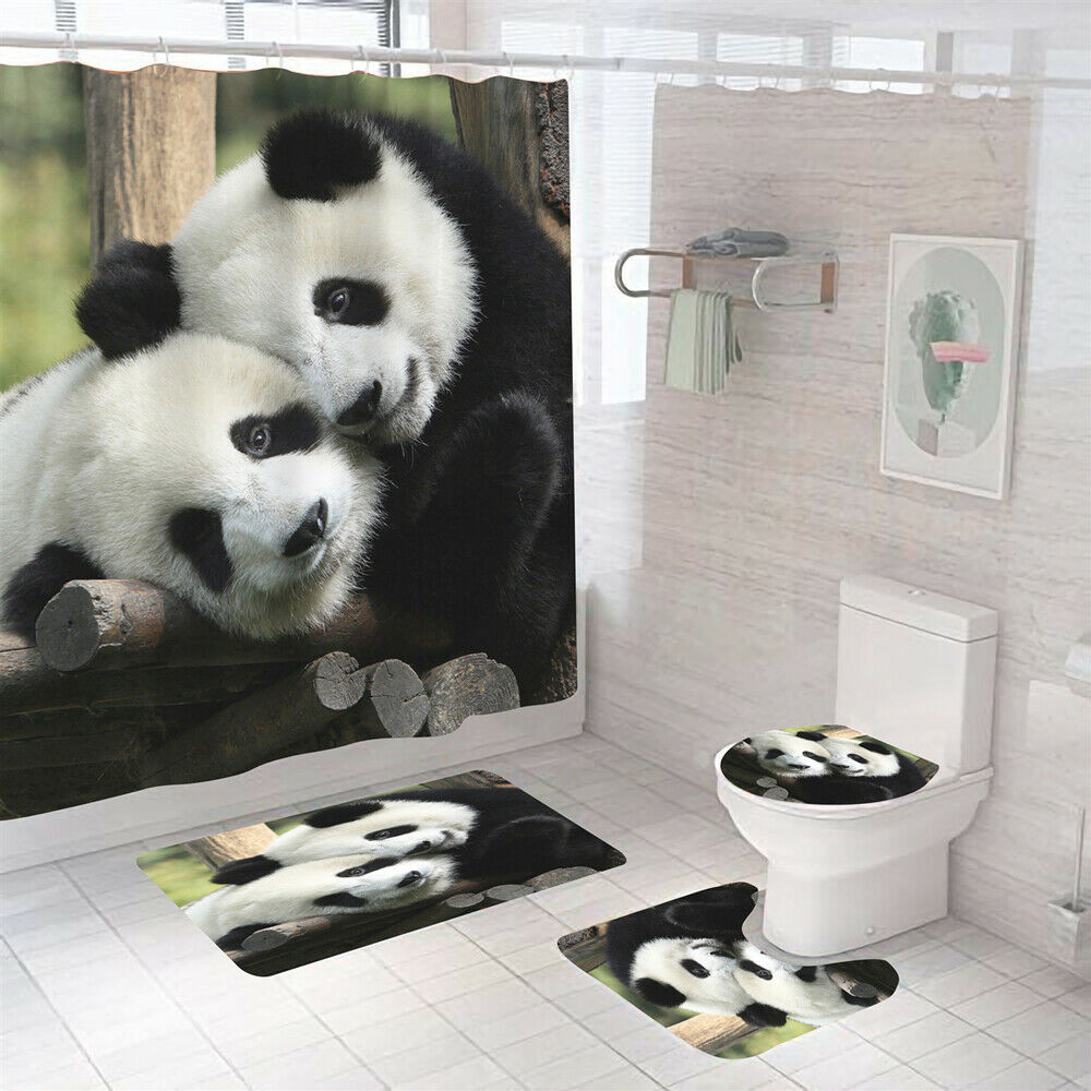 Panda Shower Curtain Bathroom Rug Set Bath Mat Non-Slip Toilet Lid Cover-Shower Curtain+3Pcs Mat-Free Shipping at meselling99
