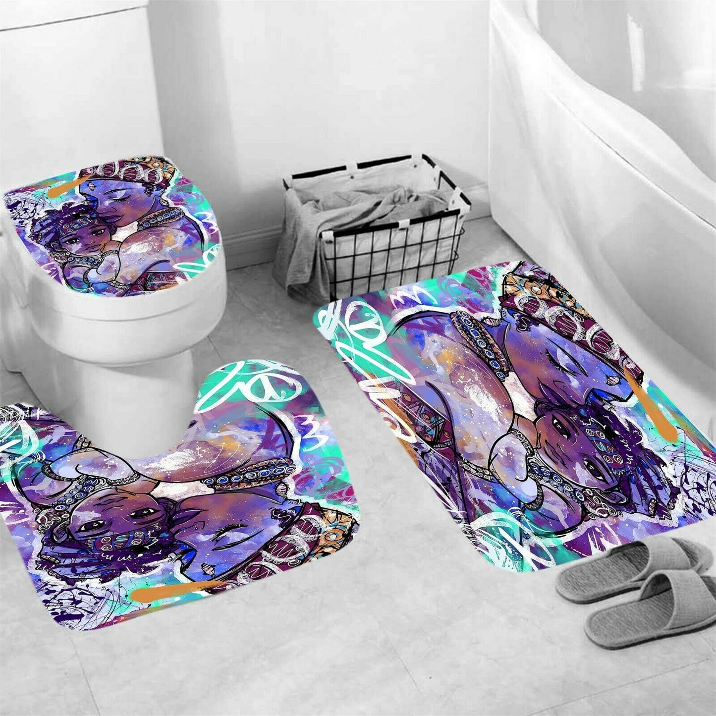 African Woman Shower Curtain Bathroom Rug Set Bath Mat Non-Slip Toilet Lid Cover-3Pcs Mat Set Only-Free Shipping at meselling99