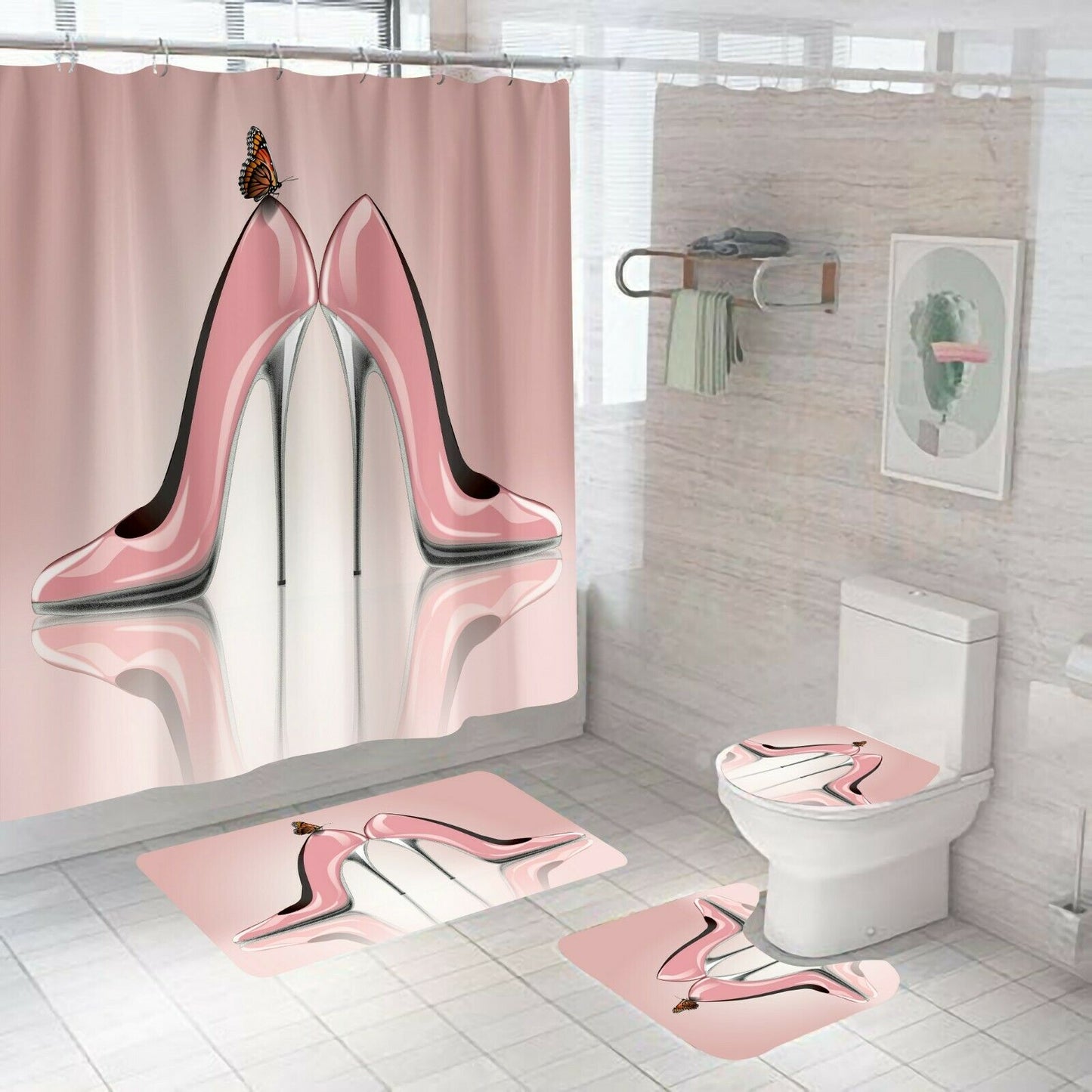 High Heels Shower Curtain Set Thick Bathroom Rugs Bath Mat Toilet Lid Cover-Shower Curtain+3Pcs Mat-Free Shipping at meselling99