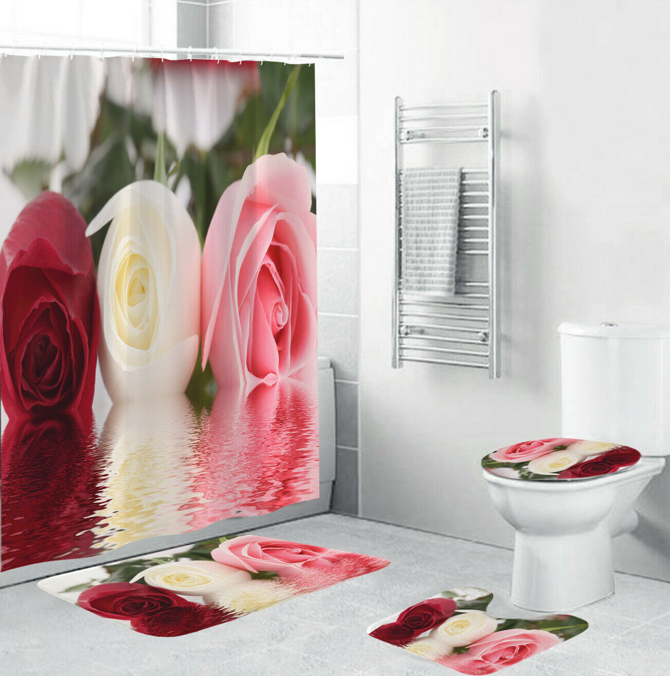 Three Roses Shower Curtain Bathroom Rug Set Bath Mat Non-Slip Toilet Lid Cover-4Pcs(180*180cm Curtain+3Pcs Mat)-Free Shipping at meselling99