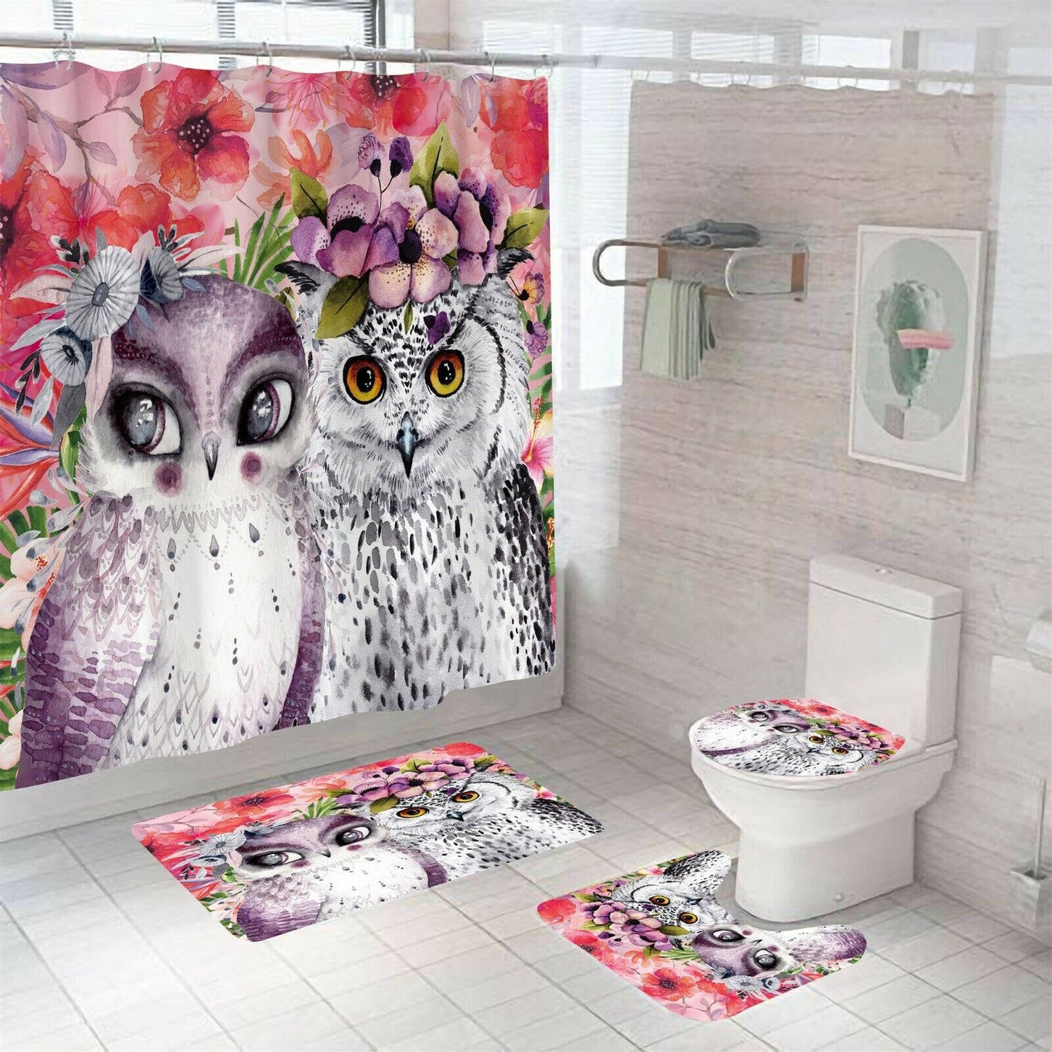 Owl Shower Curtain Bathroom Rug Set Thick Bath Mat Non-Slip Toilet Lid Cover-Shower Curtain+3Pcs Mat-Free Shipping at meselling99