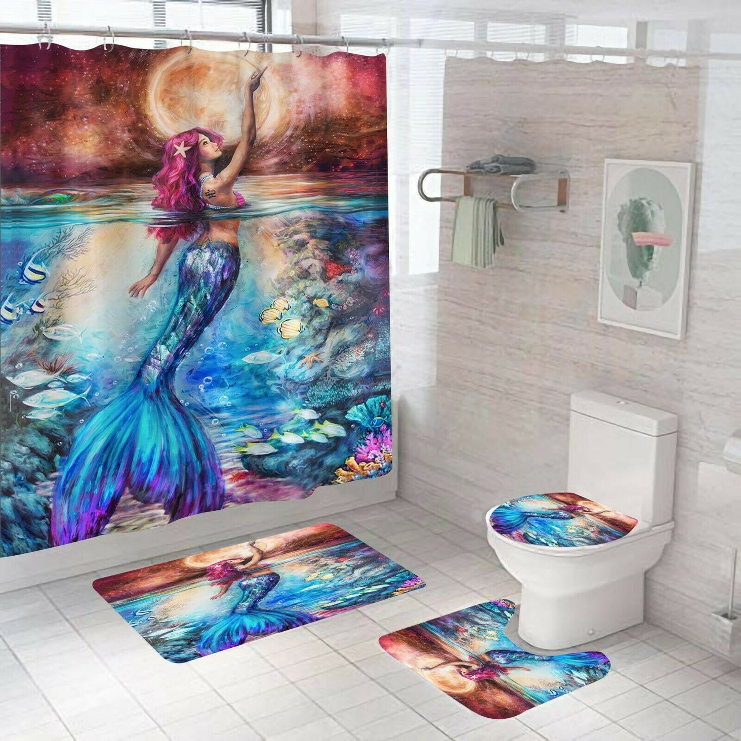 Mermaid Shower Curtain Bathroom Rug Set Bath Mat Non-Slip Toilet Lid Cover--Free Shipping at meselling99