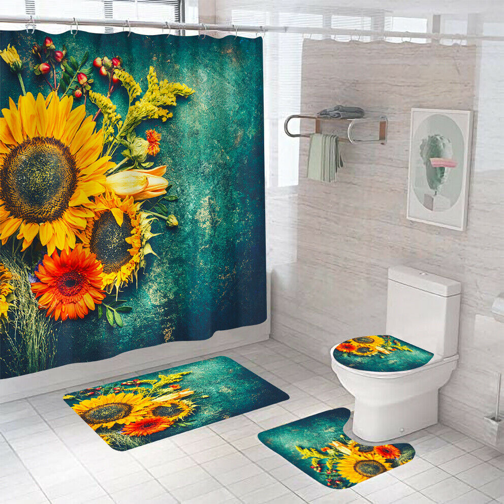 Sunflowers Shower Curtain Bathroom Rug Set Bath Mat Non-Slip Toilet Lid Cover-Shower Curtain+3Pcs Mat-Free Shipping at meselling99