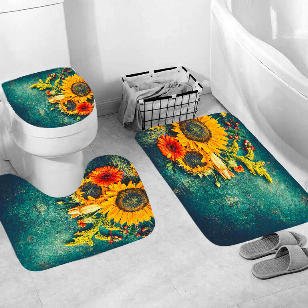 Sunflowers Shower Curtain Bathroom Rug Set Bath Mat Non-Slip Toilet Lid Cover-3Pcs Mat Set Only-Free Shipping at meselling99