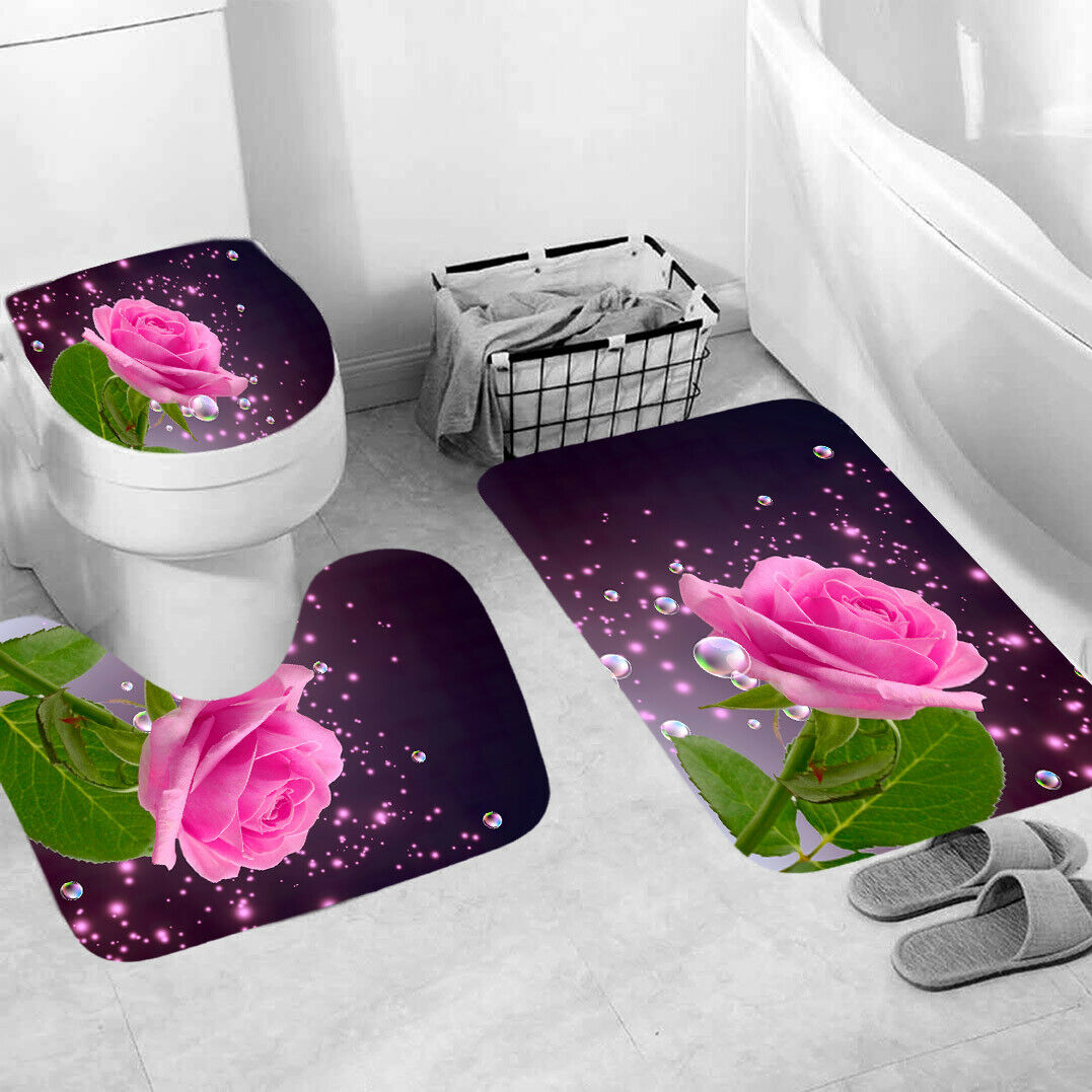 Pink Rose Shower Curtain Bathroom Rug Set Thick Bath Mat Non-Slip Toilet Lid Cover-3Pcs Mat Set Only-Free Shipping at meselling99