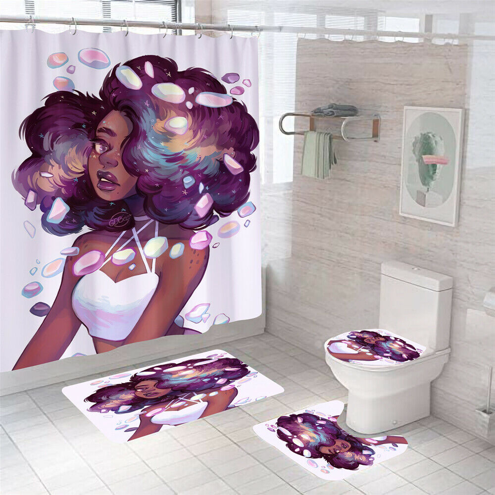 African Woman Shower Curtain Bathroom Rug Set Bath Mat Non-Slip Toilet Lid Cover-Shower Curtain+3Pcs Mat-Free Shipping at meselling99