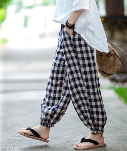 Summer Vintage Linen Plaid Elastic Waist Pants-Pants-JEWELRYSHEOWN