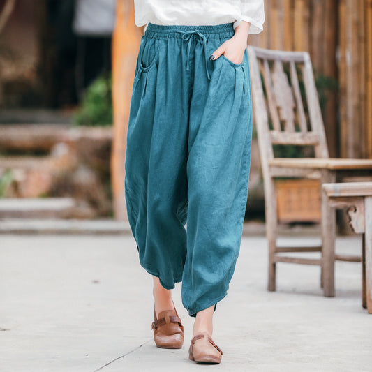 Ethnic Linen Elastic Waist Casual Pants for Women-Pants-JEWELRYSHEOWN