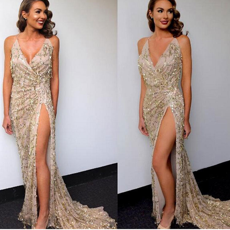 Sexy Backless Sequin Long Evening Dresses