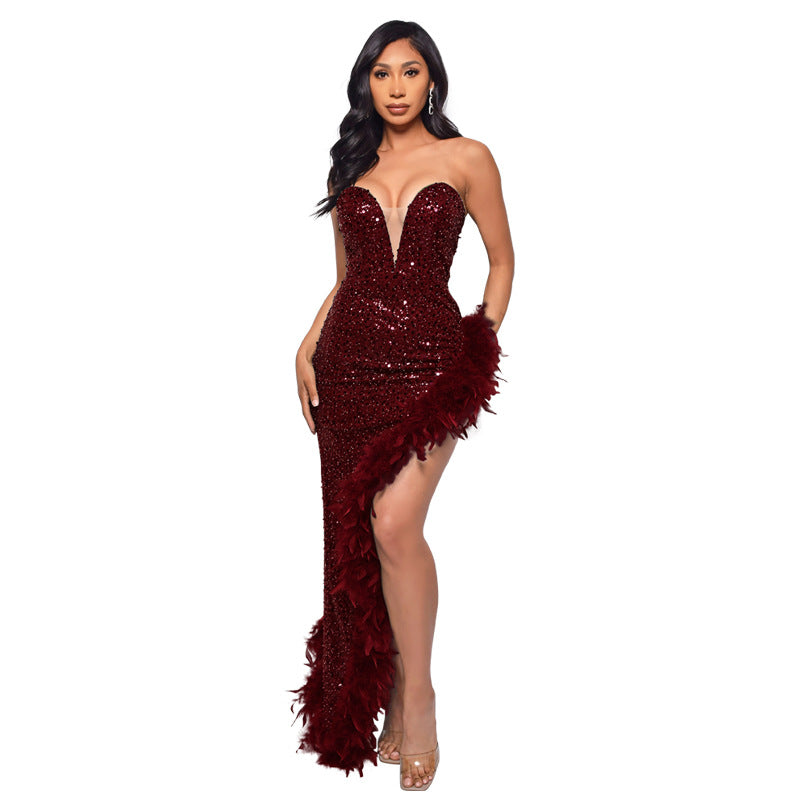 Gorgeous Strapless Sequined Feather Decoration Party Dresses