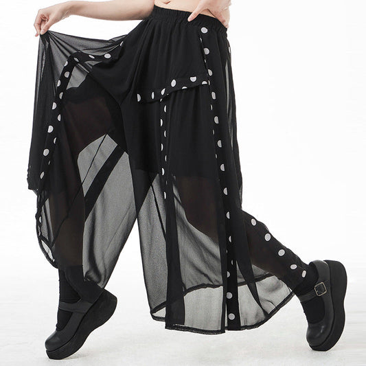 Black Tulle Dot Print High Waist Wide Legs Pants