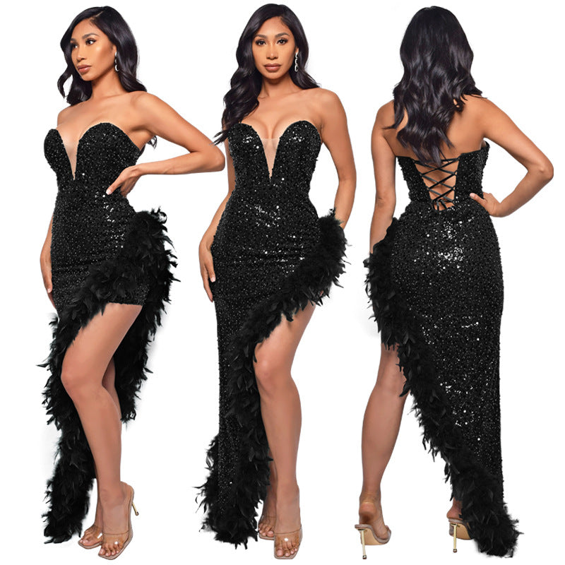 Gorgeous Strapless Sequined Feather Decoration Party Dresses