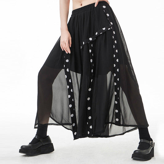 Black Tulle Dot Print High Waist Wide Legs Pants