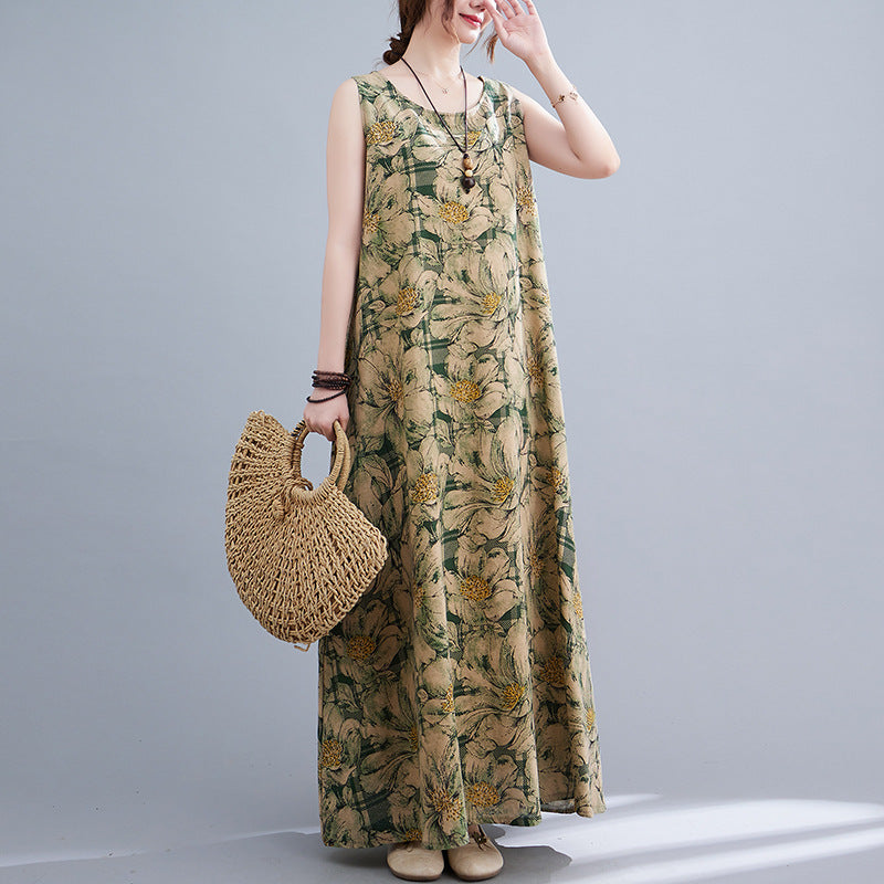 Vintage Linen Sleeveless Vest Women Long Dresses