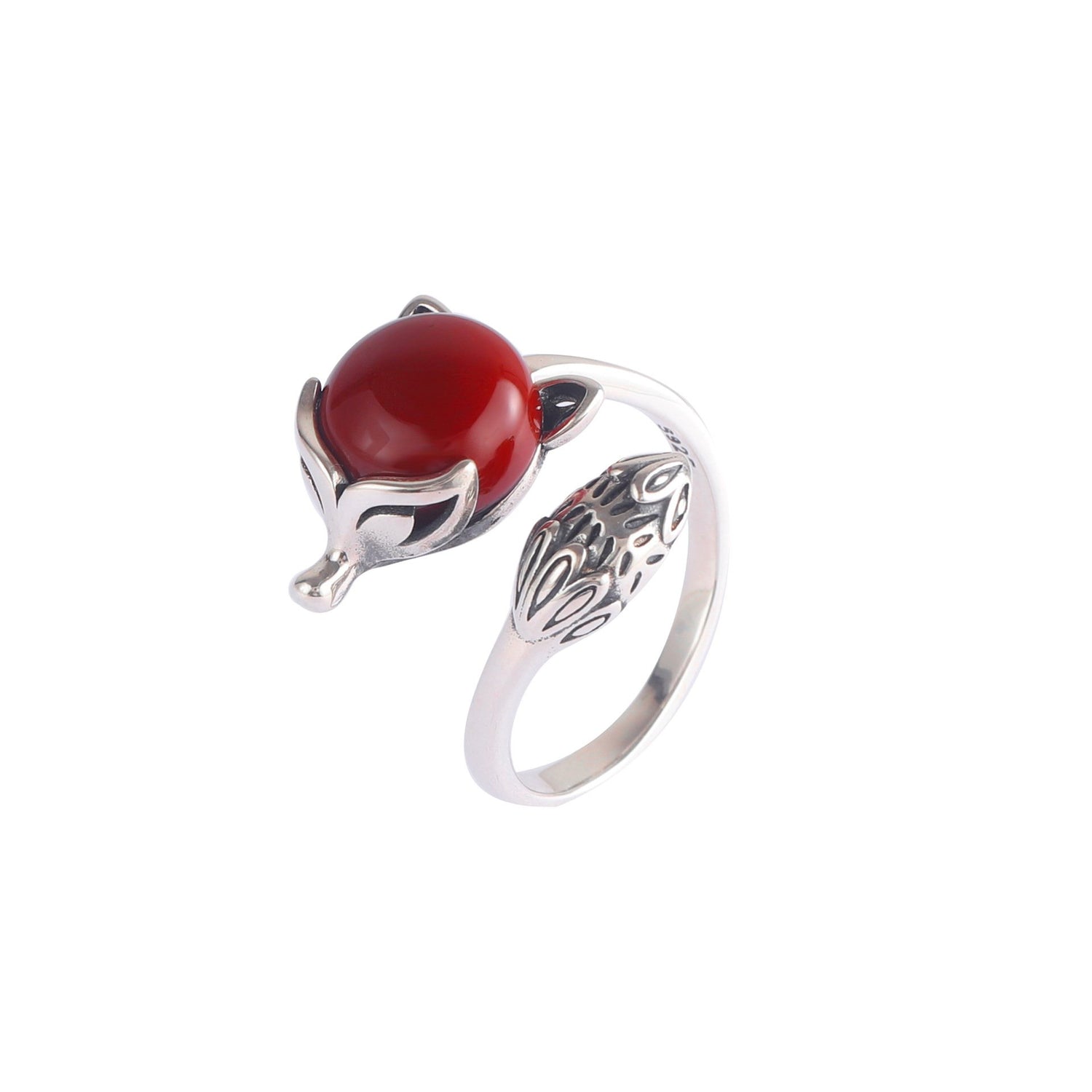 Antique Red Agate Fox Design Sliver Rings for Women-Rings-JEWELRYSHEOWN