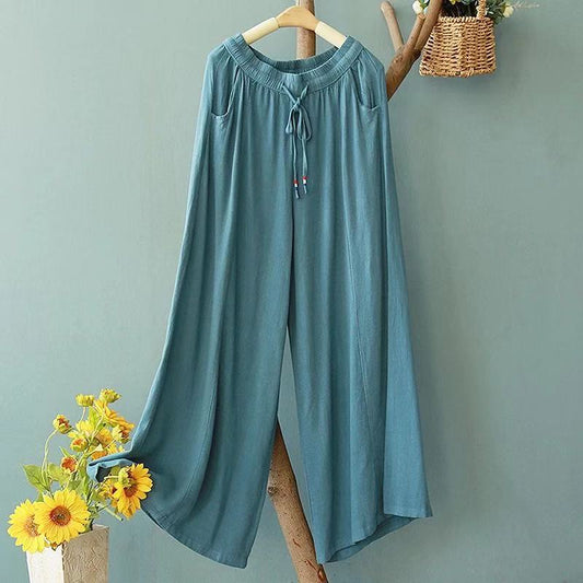 Vintage Linen Elastic Waist Summer Wide Legs Pants for Women