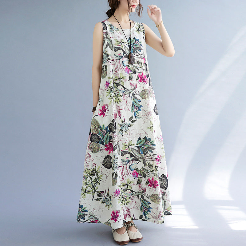 Vintage Linen Sleeveless Vest Women Long Dresses